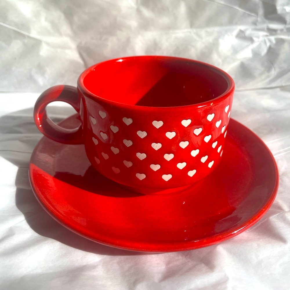 COPY - Vintage Waechtersbach Cup And Saucer White Hearts On Red